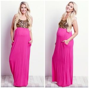 Pink Blush Fushcia Cheetah Maternity Maxi Dress